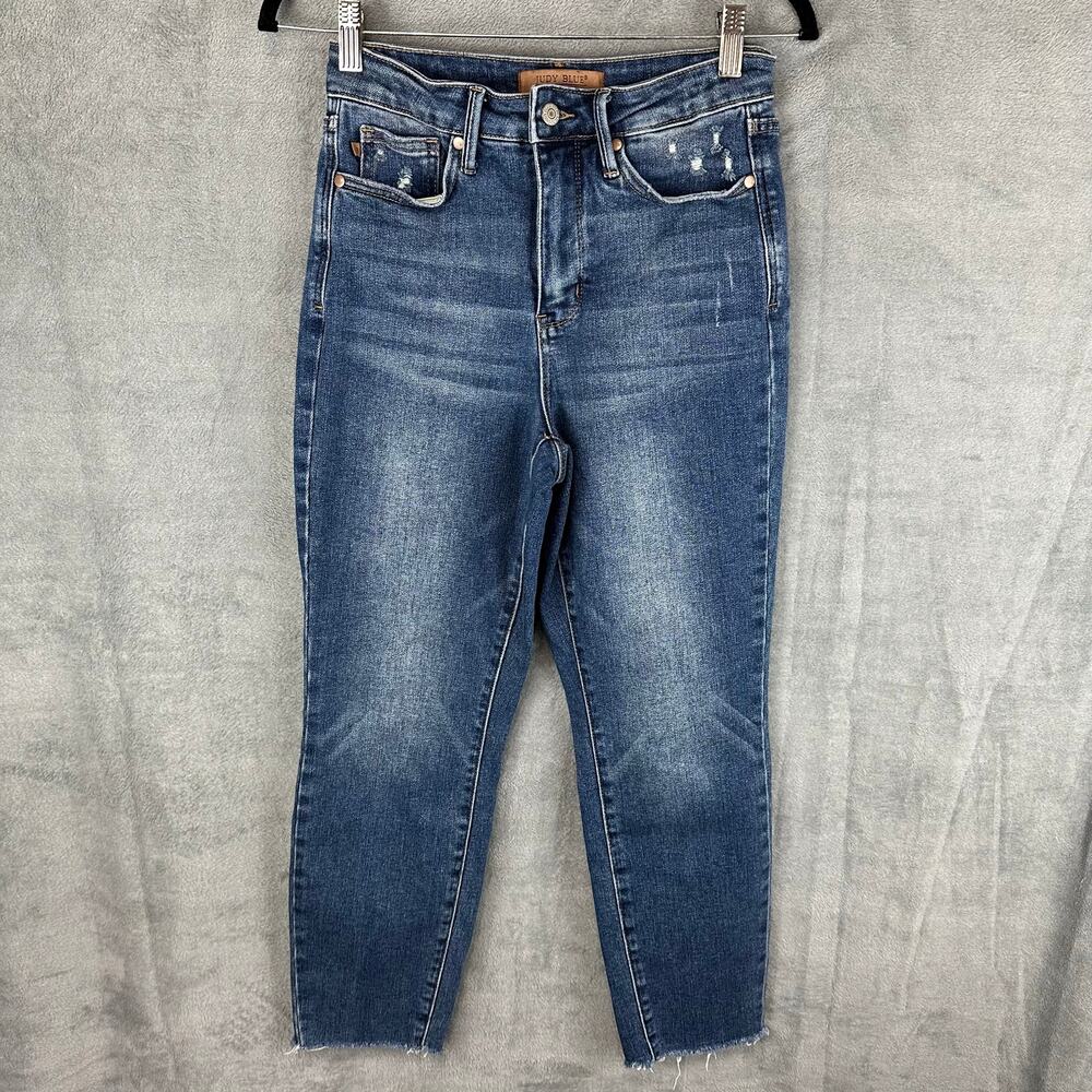 Judy Blue Jeans Womens 3/26 Blue Slim Fit Medium Wash Distressed Raw Hem Whisker - Picture 1 of 14